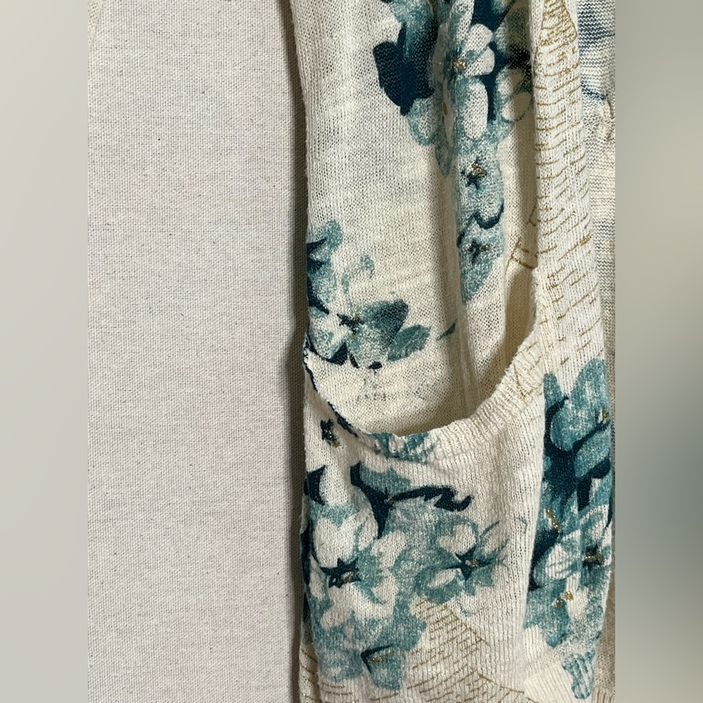 Anthropology lightweight blue-green floral cardigan with gold accents & pockets - Picture 4 of 5